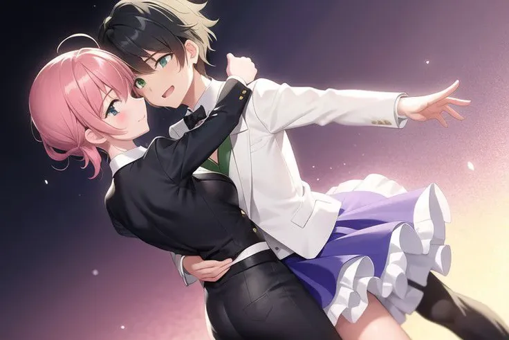 anime couple hugging in the air with a pink background