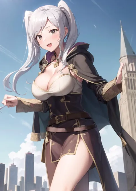 high res, best quality, robin fe,  robe, hood down, belt, tactician , cleavage, giantess, (gts, gtscity, city, buildings, stepping, Looming,<lora:GTSv5:0.8>):1.4 ,<lora:f-robin:0.7>