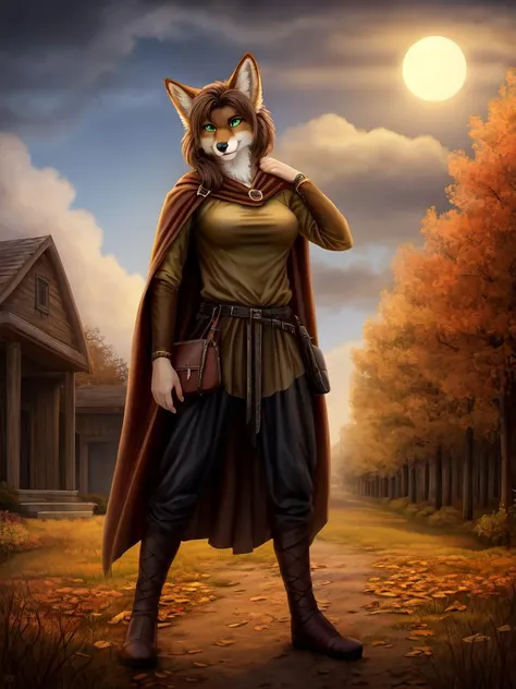 solo anthro coyote, tan fur, (short brown hair:1.2), tail, muscular female,  green eyes, tail, <lora:NorseMenClothes:1>,  TUNIC, CLOAK, CAPE, SATCHEL, BELT, LEATHER VAMBRACE, PANTS, 
BREAK
(science fiction:1.3), outside, autumn, town, evening, standing, ci...