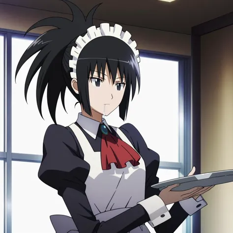 anime character in uniform holding a tablet in a room