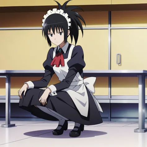 anime girl in maid outfit kneeling on floor with legs crossed