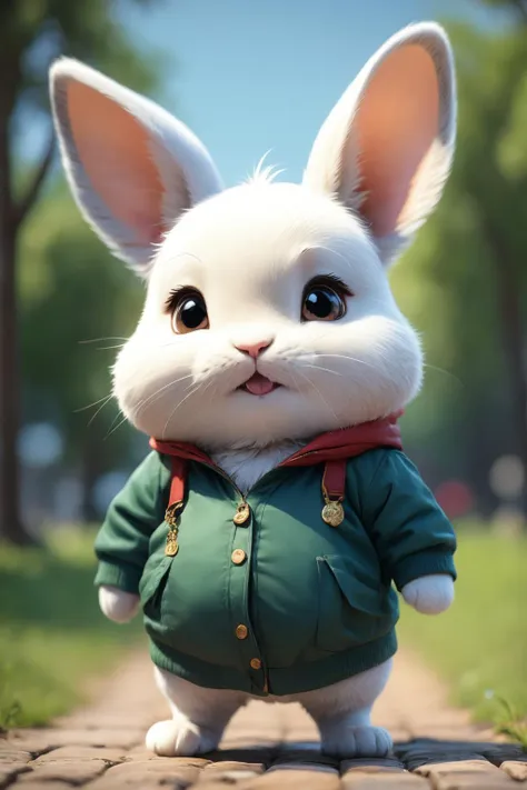 a close up of a white rabbit wearing a green jacket