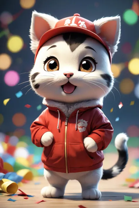 a close up of a cat wearing a baseball cap and a red jacket