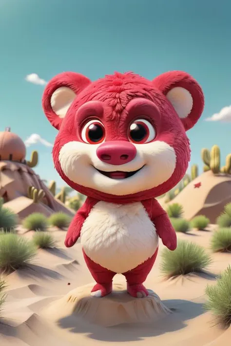 a close up of a cartoon bear standing in a desert