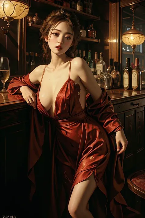 arafed woman in a red dress sitting at a bar