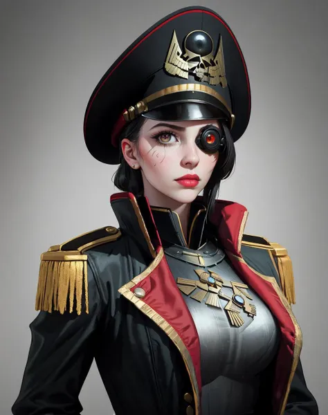 ((Masterpiece, best quality,edgQuality)),
edgCommissar, upper body, weapon, woman, uniform, epaulettes ,wearing edgCommissar,(((artificial eye))),skull emblem,millitary uniform,hat,
<lora:edgWar40kCommissarv1:1>