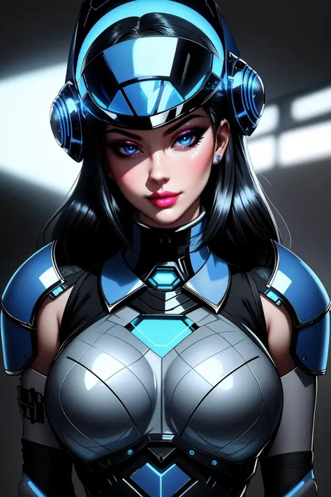 a close up of a woman in a futuristic suit with headphones