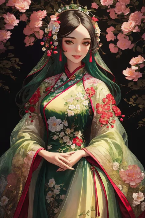 ((Masterpiece, best quality,edgQuality))smiling,excited,solo,1girl, 
edgEF, a woman in a dress with flowers and vines on it ,wearing edgEF eastern clothing,qipao <lora:edgEasternFantasy:1>