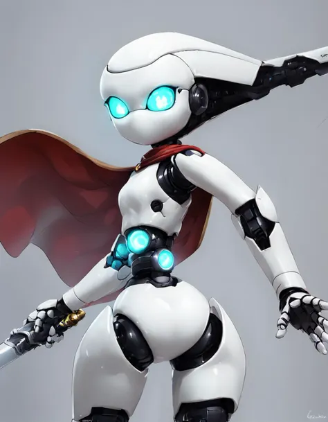 a close up of a robot with a sword and a cape