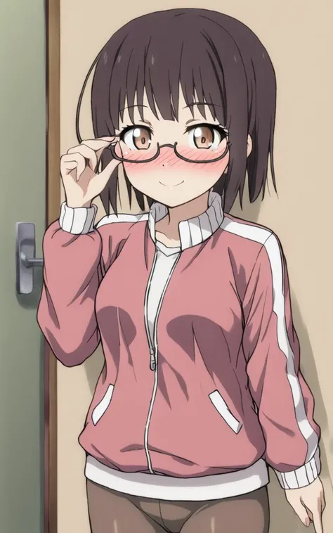 <lora:sdxl-sega-fujimiya:0.8>, fujimiya, 1girl, copper eyes, underrim-eyeglass, dark brown hair, short cut, sidelocks, bang, Smiling , pink track suit , beige pantyhose, downcast look nose blush