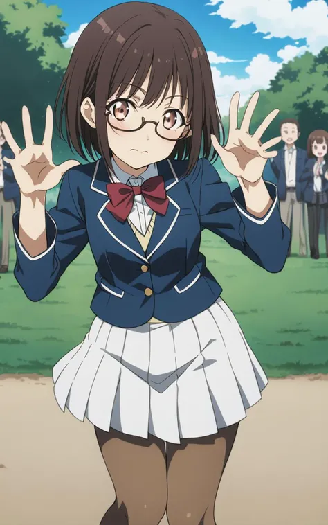 <lora:sdxl-sega-fujimiya:0.5>, fujimiya, 1girl, copper eyes, underrim-eyeglass, dark brown hair, short cut, sidelocks, bang, Rejoicing , sky blue blazer, school uniform, bowtie , beige pantyhose, +++ extremely quality, high detailed, anime coloring illustr...