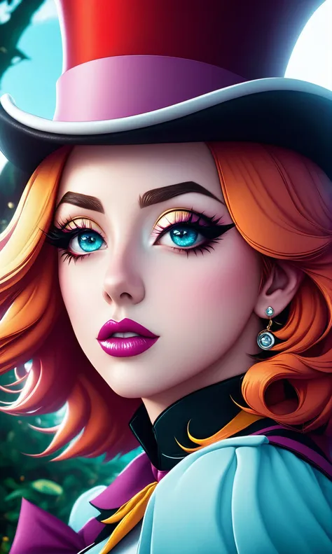 seviechan style, cherrmous style, illustration, woman standing, closeup, ultra detailed digital art, dress, suicidegirl, 
realistic eyes, dramatic, ([Lady Gaga|alex coal|Kat Dennings]:1.0), trending on artstation, mad hatter tea party. Alice in wonderland ...