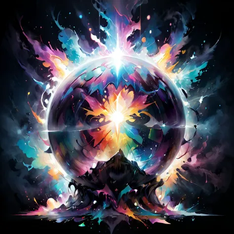 a digital painting of a sphere with colorful shapes and stars