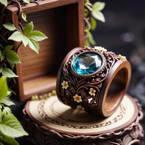 a close up of a wooden ring with a blue stone in it