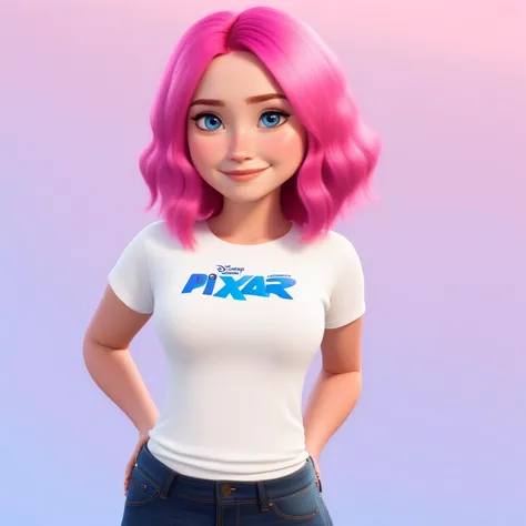 midjourney style,  (disney pixar 3d cartoon style:1.15) (cute adorable girl:1.1) (adult age 19:1.1)  hotpink hair, cute smile, thin and fit, large pixar eyes, youthful, large breasts, plain white tshirt, bright blue eyes  zoomed out, wide angle shot, full ...