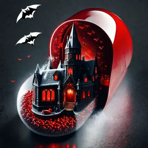 red pill, pill partially see-through, high contrast, amazing detailed, gothic scene with bat inside the pill, winter, Halloween theme magic inside, colorful
 <lora:red_pill:1>