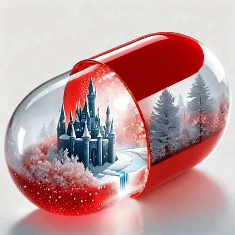 large transparent pill that opens to reveal detailed Evil Snow Queen in her castle within, inside the pill the Evil Snowqueen of HC Andresen, The contrast between frozy fairy tale world inside red the pill and the transparent, transparent reflective red of...