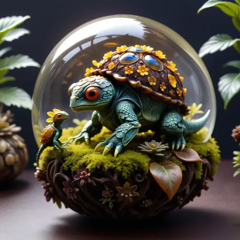 there is a small turtle sitting on a moss covered ball