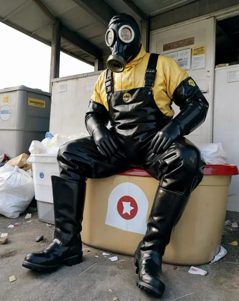 masterpiece, best quality, gp5, a man in a gas mask with hose and yellow rubber overalls, rubber boots, rubber gloves <lora:100_GP5_gasmask_v1:0.7>, BREAK sitting in a garbage landfill, full of diaper trash, diapers, white bags, intricate detail, atmospher...