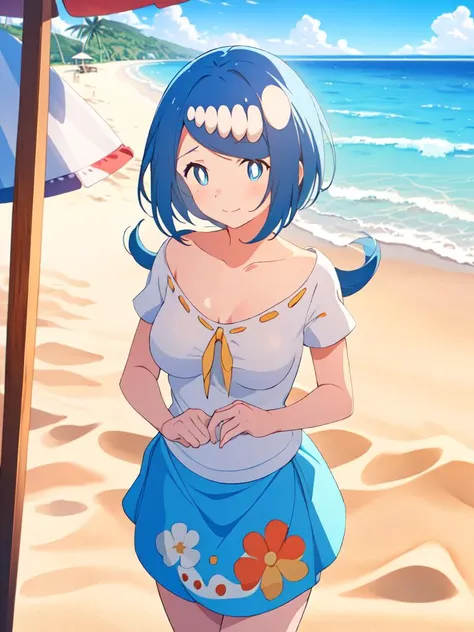 anime girl in a blue dress standing on a beach with an umbrella