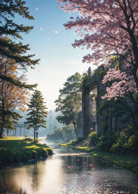 there is a river running through a park with a bridge in the background