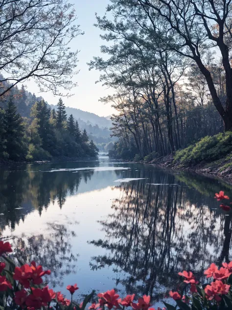 there is a river with red flowers in the foreground and trees in the background