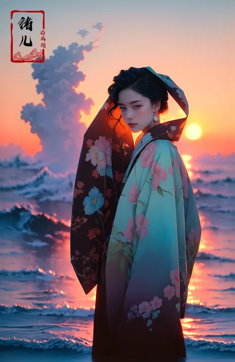 arafed image of a woman in a kimono standing on the beach