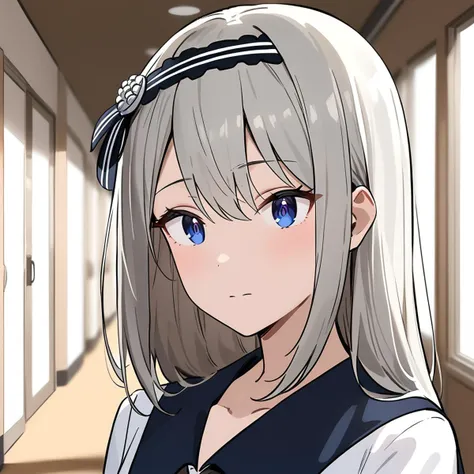 anime girl with long gray hair and blue eyes in a hallway