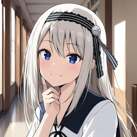 anime girl with long white hair and blue eyes in a school uniform