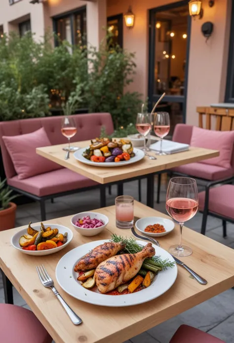 (medium full shot) of (spicy delicious meal) served in a al fresco setting style, featuring a fresh pink grilled chicken, roaste...