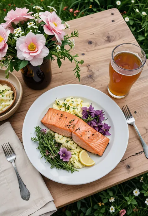 (medium full shot) of (zesty delicious meal) served in a picnic setting style, featuring a fresh pink roasted salmon, garlic mas...