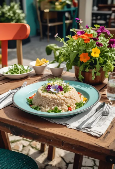 (medium full shot) of (spicy delicious meal) served in a al fresco setting style, featuring a rustic brown creamy risotto, fresh...