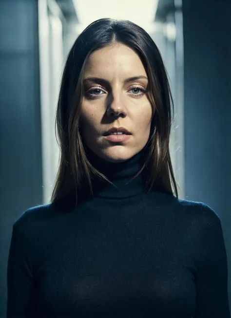 a woman in a black turtle neck top standing in a hallway