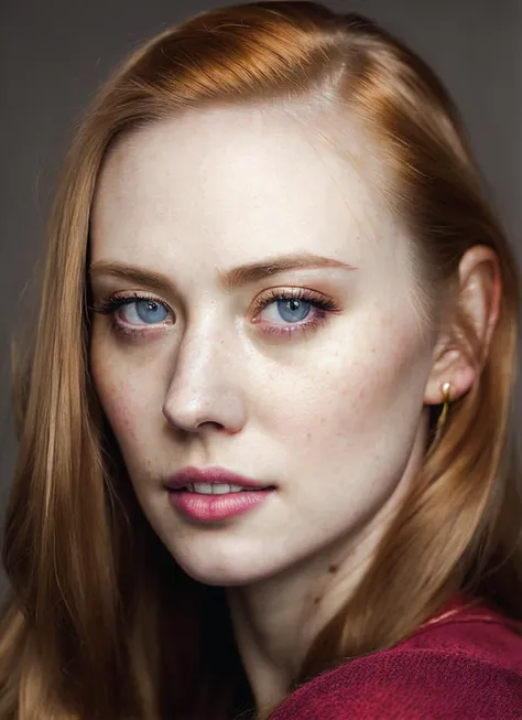 a close up of a woman with long red hair and blue eyes