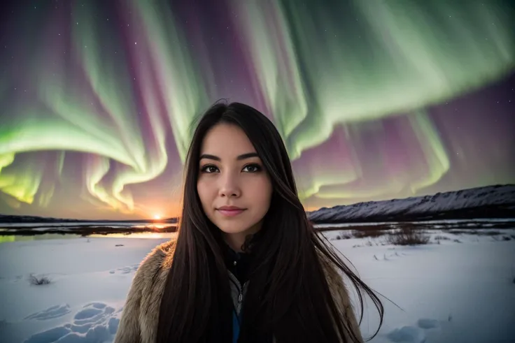 ((best quality)), ((masterpiece)), ((inked)),Award-winning photography: Portrait of a beautiful woman captured under the enchanting Northern Lights in the snowy landscapes of Iceland. (Sidelighting, exquisite details and textures) <lora:Elixir:1>