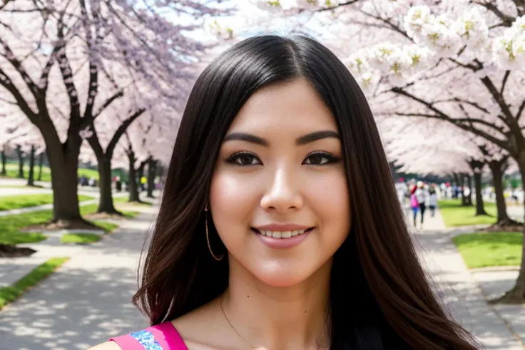 ((best quality)), ((masterpiece)), ((inked)),Award-winning photography: Portrait of a beautiful woman, framed by the vibrant colors of the cherry blossom trees in Washington, D.C., during the annual Cherry Blossom Festival. (Ultra-high-res, beautiful) <lor...