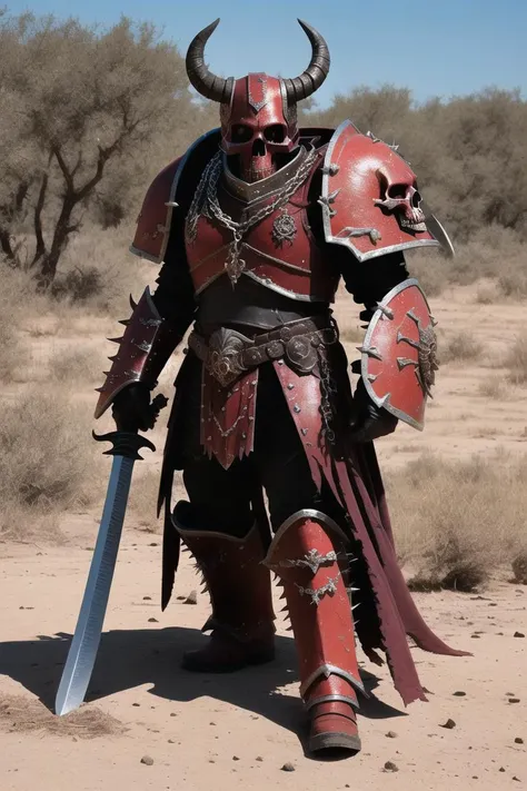 1boy, man, (masterpiece:1.2), (best quality:1.2), extremely detailed, highres, khorne, red armor, full armor, skull, <lora:khorne:1>, spiked armor, chain, helm, helmet, horned helmet, pauldrons, sword, torn cape, gauntlets, black fur, plate armor, glowing ...