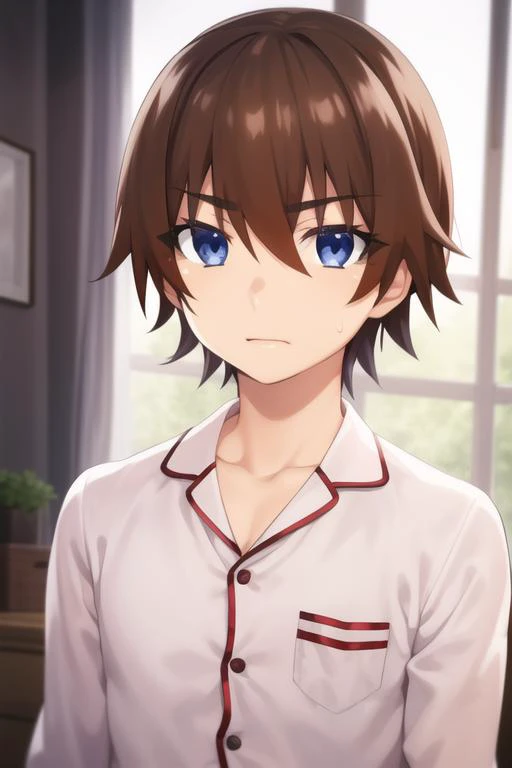 masterpiece, best quality, high quality, 1boy, solo, male focus, looking at viewer, upper body, <lora:keiichi_maebara:0.78>, keiichi_maebara, brown hair, blue eyes, hair between eyes, , pajamas