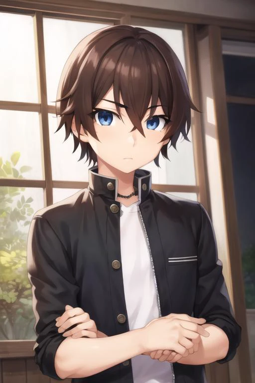 masterpiece, best quality, high quality, 1boy, solo, male focus, looking at viewer, upper body, <lora:keiichi_maebara:0.52>, keiichi_maebara, brown hair, blue eyes, hair between eyes, , gakuran