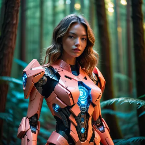 a woman in a pink suit standing in a forest