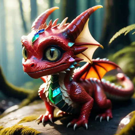 there is a red dragon figurine sitting on a rock