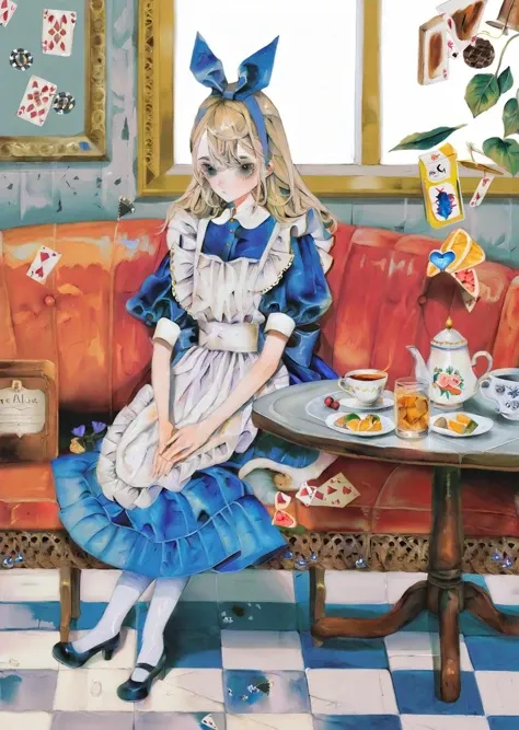 by yogisya, 
 alice (alice in wonderland), a blue knee-length dress with short puffy sleeves, worn with a white pinafore apron. long blonde drinking tea large long table 
  best quality, masterpiece,