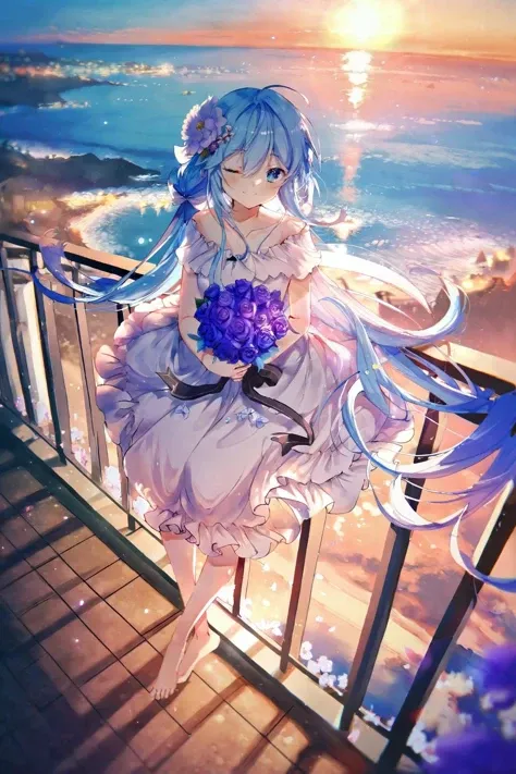 best quality, masterpiece, by noyu, by konya karasue, by rella, concept art, 1girl, dress, solo, long hair, floating hair, wings, white dress, holding, sitting on railing, twintails, barefoot, holding bouquet, blue hair, outdoors, one eye closed, very long...