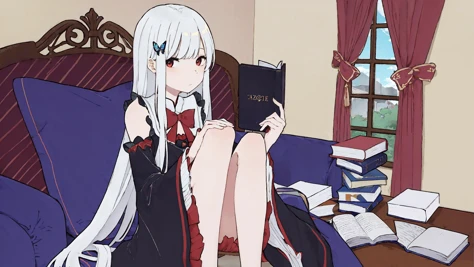 masterpiece, best quality, highly detailed,front pov,
[[by hizumi]],by chi4,by solipsist, by sho,
(1girl),(solo), long hair, very long hair,white hair,bangs, red eyes, pale skin,sitting, wide sleeves, long sleeves, black dress,barefoot,indoors, couch, book...