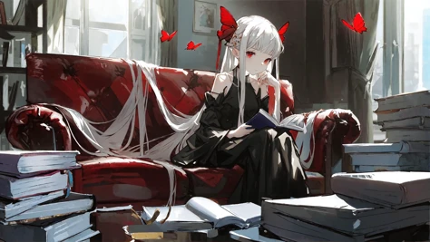 masterpiece, best quality, highly detailed,
by dino,[by solipsist],by chi4,
(1girl),(solo), long hair, very long hair,white hair,bangs, red eyes, pale skin,sitting, wide sleeves, long sleeves, black dress,barefoot,indoors, couch, book, book stack, bow, red...