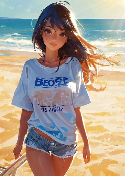 ,by fuenze,by rella, 
1girl,     beach, sand 
 oversized T-shirt,  wet  shorts,
sunny 
beautiful ,