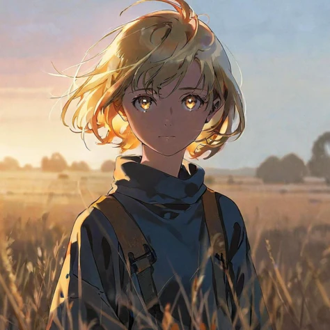 best quality, masterpiece, by yoneyama mai, a girl with delicat golden eyes very delicate face,  short hair, floating hair,  beautiful light and shadow, looking at view, front view, morning light, dusk morning, closed mouth, cowboy shot, beautiful color, f...