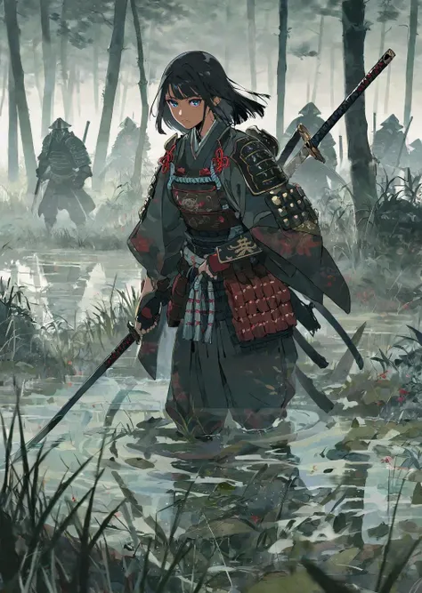 by yoneyama mai ,  
1girl,   
detailed face, beautiful japanese woman in fantasy samurai armor, 
trudging through misty swamp in middle of multiple army battlefield,
 marshlands,   wearing surcoat with family arms embroidered on it, 
many samurai fighting ...