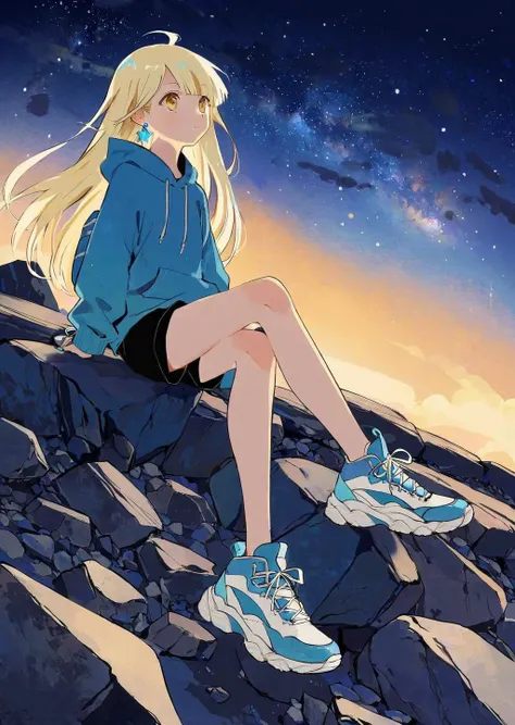 by tsubonari, by demizu posuka
1girl, solo, gouache, starry sky, mountain, long hair, hoodie, shorts, sneakers, yellow eyes, tsurime, sitting on a rock, 
stargazing, milky way, shooting star, tranquil night., illustration, disheveled hair, detailed eyes, p...