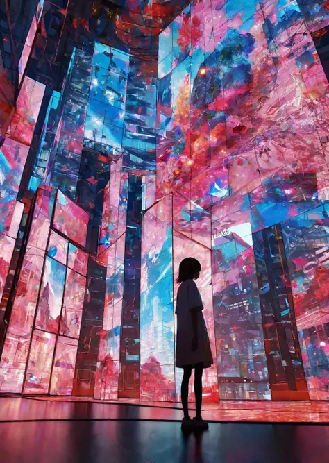 flat color , depth of field 
(Chiharu Shiota) colorful, dream-like, female-figures, immersive, installation, playful, Swiss, vibrant, video-art 
1girl As the protagonist stands atop the towering skyscraper, a colossal hologram of a girl fills the night sky...